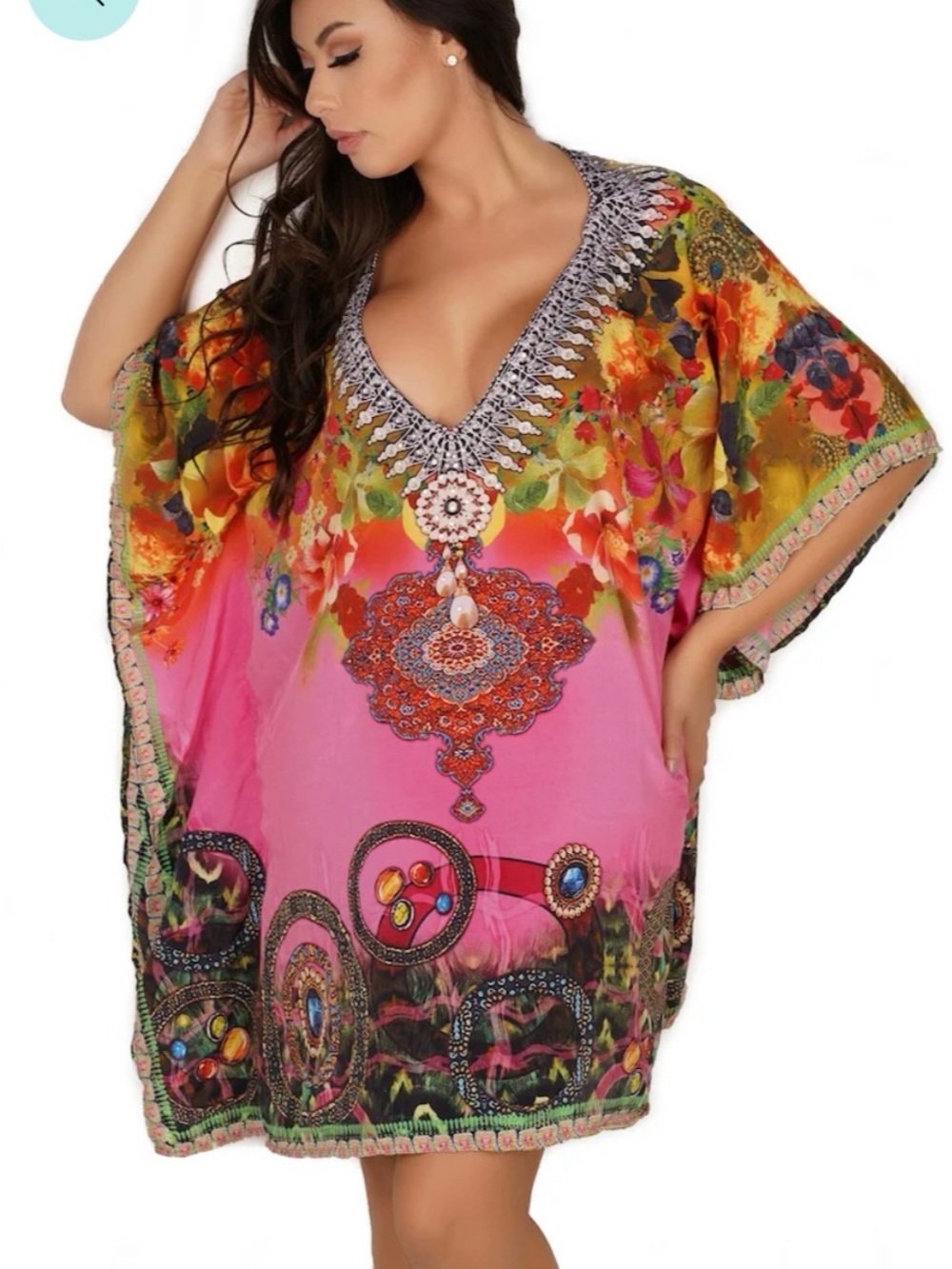 Women's Pink Floral V-Neck Swim Cover-Up Kaftan